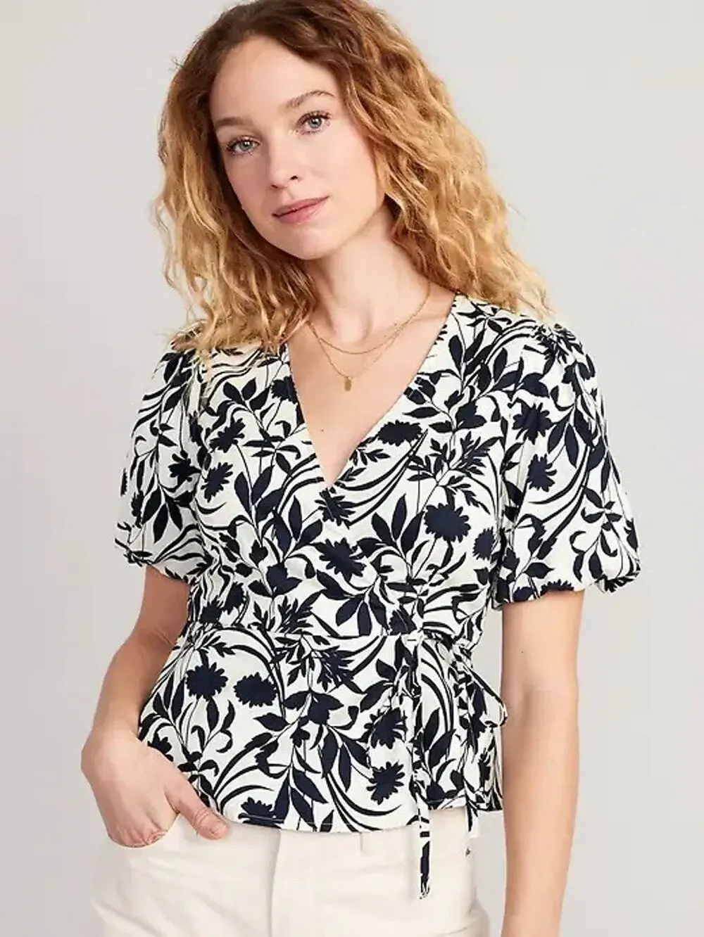 Old Navy Waist Defined Floral Puff Sleeve Tie-Wrap Blouse Small Petite Cottage